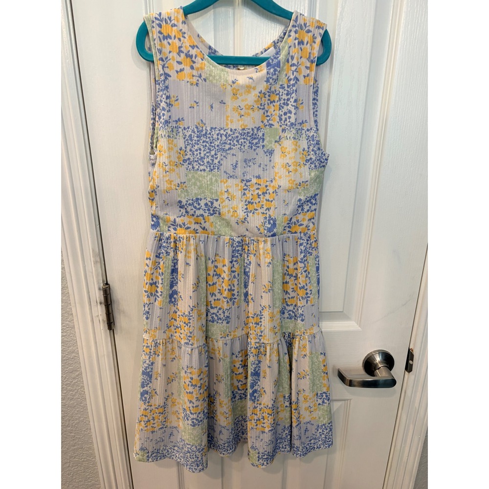 Zara Patchwork Floral Dress Blue Yellow Sleeveless Open Back Tiered Summer